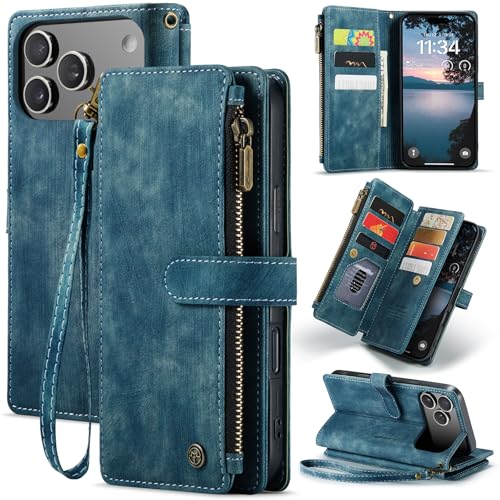 for iPhone 17 Pro Max Wallet Case with 10 Card Holder Slots Magnetic Zipper Pocket Pouch Flip KicStand Durable Premium Leather PU with Lanyard Strap W