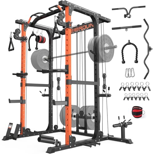 FEIERDUN FLA01 Power Cage Multi Function Squat Rack with Cable Crossover System,2000LBS Capacity with LAT Pulldown,10-in-1 Home Gym orange