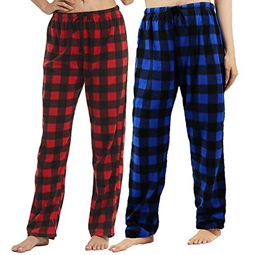LANBAOSI Christmas Pajama Pants for Women Fuzzy Pack Long Fleece Buffalo Plaid Pj Bottoms Soft Drawstring Lounge Sleepwear Red-Blue Medium