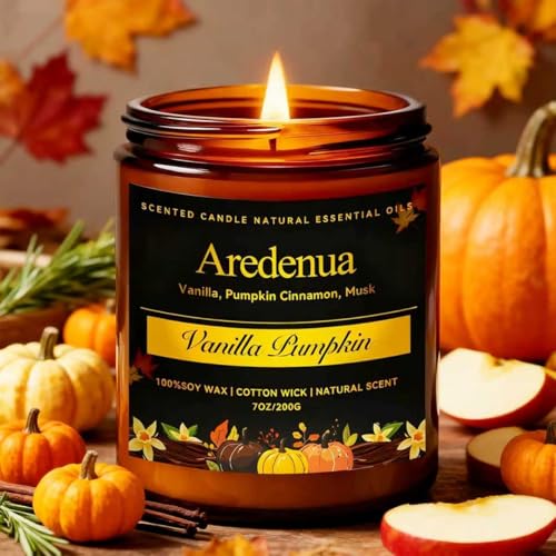 Fall Candles | Vanilla Pumpkin Scented Candle - Scented Candles for Autumn, 7oz Autumn Soy Candle with 50hr Burn Time, Holiday Thanksgiving Fall Gifts