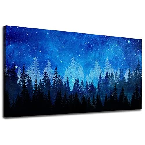 NINEASO Forest Canvas Wall Art Abstract Blue Forest Pictures Wall Decor Blue Night Starry Sky Canvas Print Artwork for Bedroom Living Room Office Home