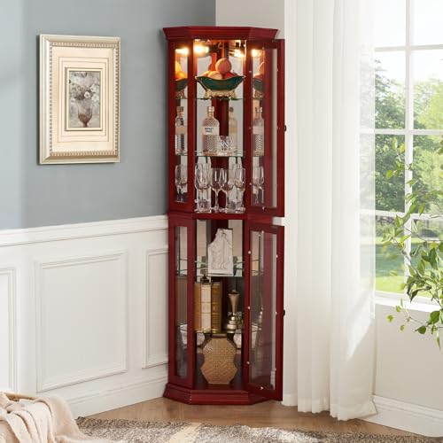 Curio Cabinets with Glass Doors: Lighted Corner Display Curio Cabinet with Adjustable Shelves | Tall Wood China Cabinet - Bar and Liquor Storage Area