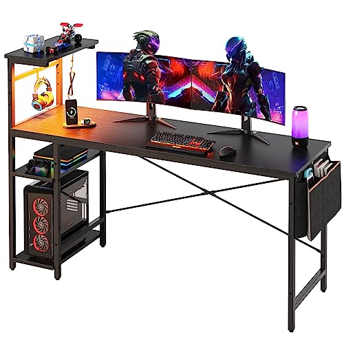 Bestier Gaming Desk with Shelves, 61 Inch Large PC Gaming Table with LED Lights, Led Gamer Desk with 4 Tiers Reversible Storage Shelves for Game & Bed