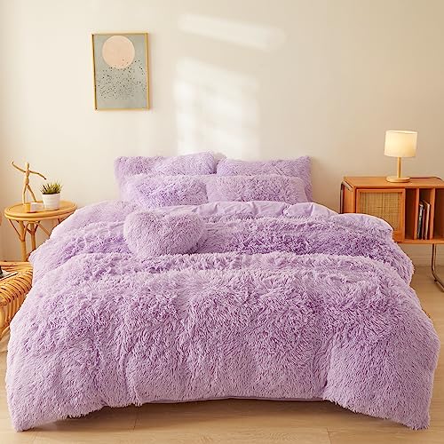 Plush Fluffy Comforter Cover Set Queen - Ultra Soft Faux Fur bedding sets with 1 Plush Duvet Cover and 2 Shaggy Pillow cases (Queen, Lilac) Lilac Quee