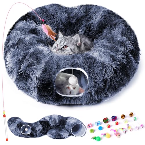 Odoland Cat Tunnel Bed with 20 Cat Toys - Indoor Plush Kitten Couch,Detachable Cats Cave Donut Tunnel & Soft Kitten Toy Set-Cozy Cat Furniture Blue