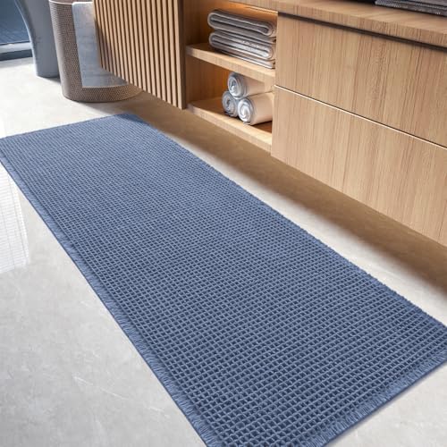 tchdio Waffle Bath Runner Rug, Super Absorbent Non Slip Bath Mats for Bathroom Machine Washable Long Rugs with Tassels, Bath Rugs for Bathroom Floor B