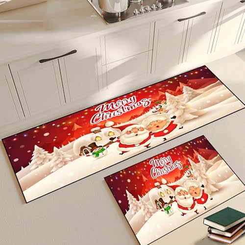 Christmas Kitchen Rugs Sets of 2, Merry Christmas Floor Mats Doormat Fox Reindeer Non-Slip Washable Winter Snowflakes Xmas Rug Indoor Home Decor,20"x3