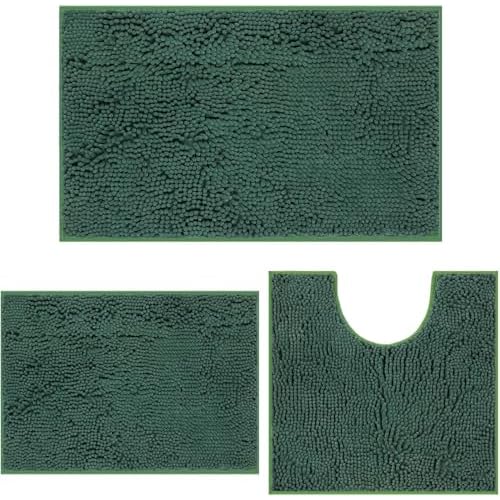 Bathroom Rug Mat Set 3 Piece, Chenille Bath Mat Set, Non-Slip Ultra Soft Carpet Mats, Absorbent with U-Shaped Toilet for Bathroom, Tub, Shower, Deep G