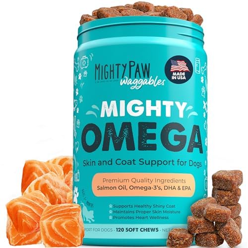 Mighty Paw Waggables Mighty Omega (Made in The USA, 120 Count) | Omega 3 Fish Oil Chew for Dogs. Salmon Flavor Skin and Coat Supplement. Soft Chew Fis