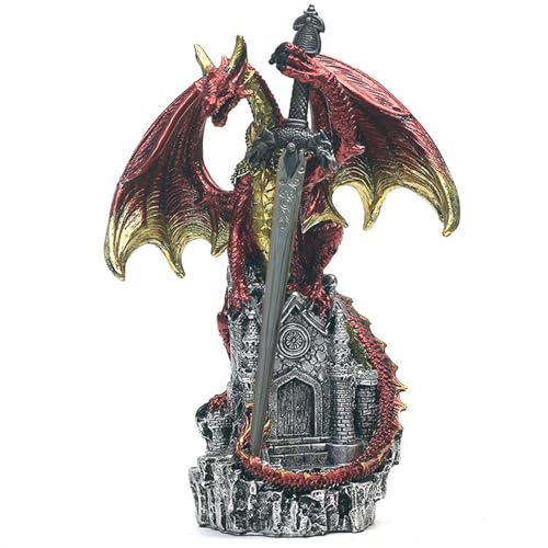 Dragon Statue with Medieval Sword-Collection Figurine Fantasy Decor - Red Dragon Standing Gothic Castle for Tabletop Bookshelf Housewarming Gifts