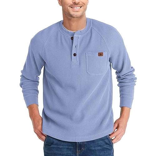 ZITY Long Sleeve Henley Shirts for Men Casual Waffle Thermal Fashion Pullover 3-Button T-Shirt with Pocket Medium Z-haze Blue