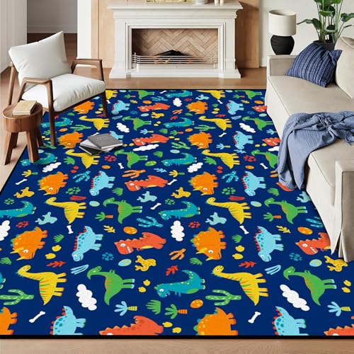 6' x 9' Dinosaurs Rug Blue Area Rugs for Kids Boys Girls Living Room Bedroom Dormitory Washable Floor Mat Cartoon Throw Rug Carpet Room Decor Dinosaur
