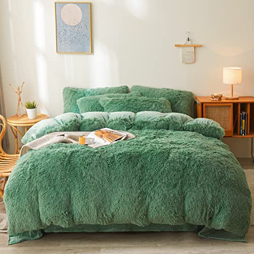 Green Fluffy Comforter Cover Set King- Ultra Soft Faux Fur Bedding Sets 3 Pieces (1 Duvet Cover + 2 Pillow case) Fluffy Bed Set (Green, King) Green Ki