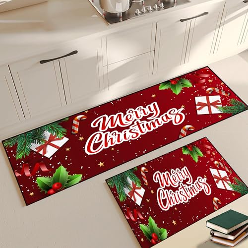 Christmas Kitchen Rugs Sets of 2, Gift Merry Christmas Area Rug Floor Mats Doormat Ribbon Non-Slip Washable Snowflakes Xmas Indoor Home Decor Merry Ch