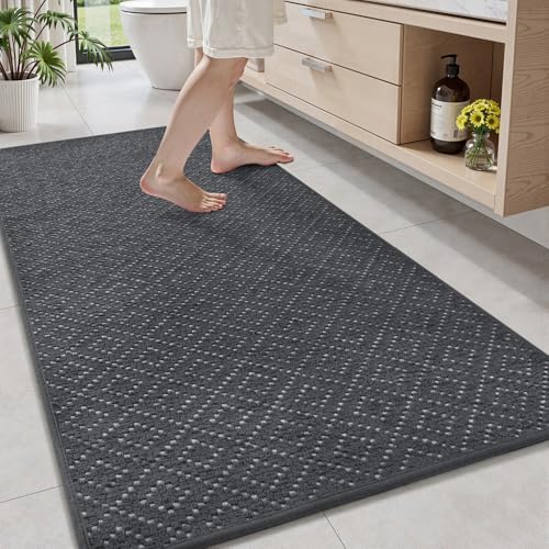AMOAMI Chenille Bath Mat Runner, Super Absorbent Bathroom Mat Runner Quick Dry Rubber Backed Bath Runner Rugs Non Slip Machine Washable Thin Bathroom