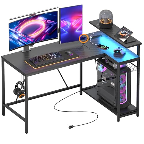 Bestier 52" Gaming Desk with Integrated Power Outlet & USB Ports, L-Shaped Computer Desk with LED Strip & Headphone Hooks, Perfect for Home Office Pin