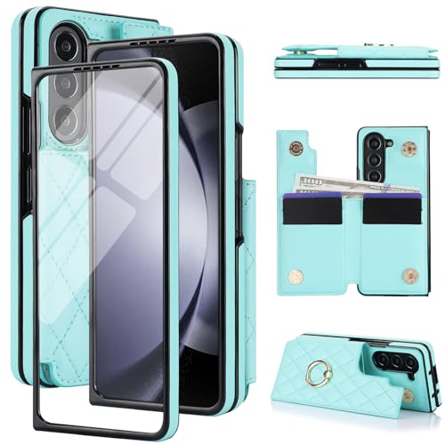 for Samsung Galaxy Z Fold 6 Wallet Case with Ring, 4 Card Slots & Cash Clip - Magnetic Clasp Closure, Front Tempered Glass Screen Protector & Reinforc