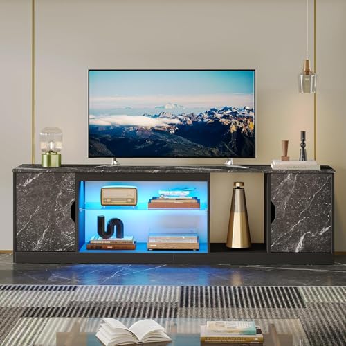 Bestier LED TV Stand for 65-70-75-80 Inch TV, 70 inch Gaming Entertainment Center with Adjustable Glass Shelves & Storage Cabinet for PS5, Xbox, Moder