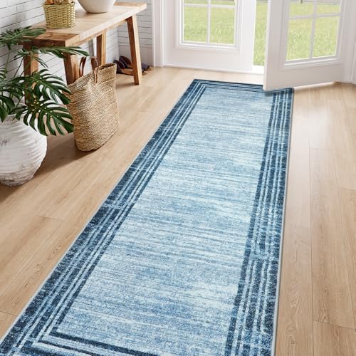 Lahome Abstract Runner Rug,2.5x8 Hallway Runner Rug Non-Slip Washable Blue Kitchen Runner Rugs,Low-Pile Soft Bedroom Runner Minimalist Solid Indoor Ca
