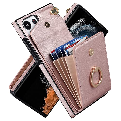 Phone Case for Samsung Galaxy S22 Ultra High-end Stylish Leather Accordion Card Holder,Wallet Phone Case, Anti-Drop Lanyard, Multi-Functional Ring Sta