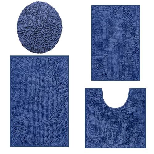Bathroom Rugs Sets 4 Piece, Extra Soft Absorbent Chenille Bath Rugs, Non Slip Rubber Backing Machine Washable Quick Dry Bath Mats for Bathroom Floor,