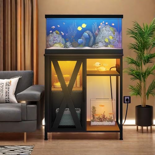 YITAHOME Fish Tank Stand with Power Outlets & LED Light, 20-29 Gallon Metal Aquarium Stand with Cabinet for Fish Tank Accessories Storage for Turtle T