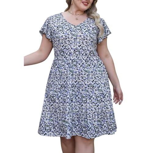 Celkuser Womens Plus Size Casual Summer Dresses Ruffle Sleeve Tiered Swing Midi Dress with Pockets 14 Plus Black Purple