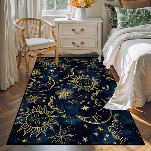 4' x 6' Sun and Moon Rug Celestial Star Area Rugs for Girls Boys Women Bedroom Dorm Living Room Bohemian Galaxy Floor Mat Pad Doormat Carpet Decor Sun