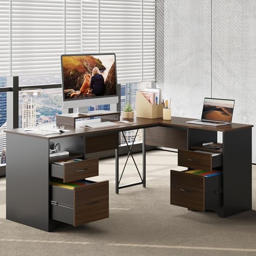 Bestier L Shaped Desk with 4 Drawers, 63" x 47" Executive Desk with Open Storage & Monitor Stand, Corner Desk with 2 File Drawers & Modesty Panel for