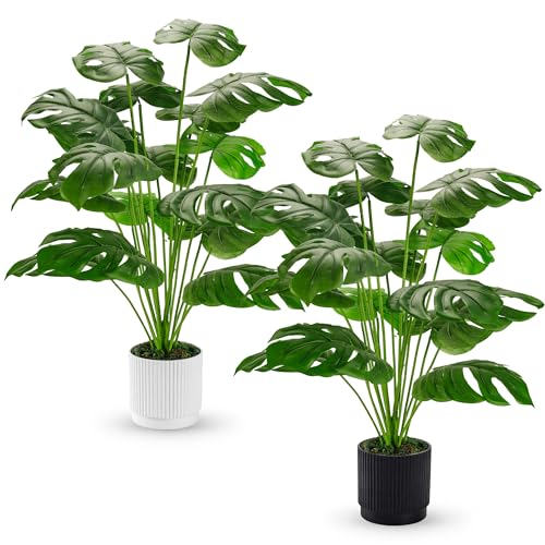 Der Rose 28" 2 Packs Fake Plants Large Artificial Monstera Faux Plants Indoor Tall for Floor Home Office Farmhouse Bedroom Decor 28"WHITE&BLACK