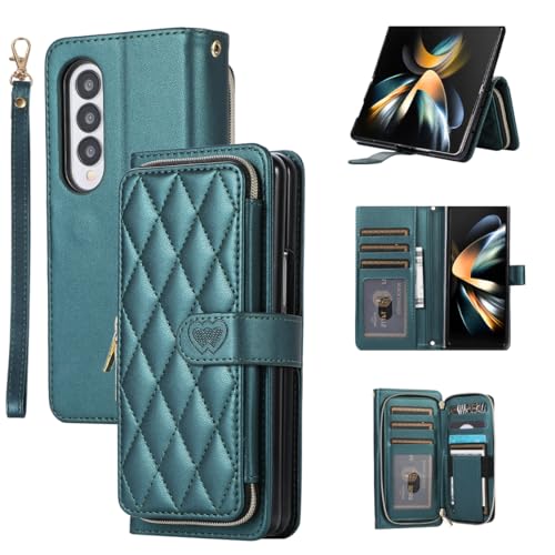 for Samsung Galaxy Z Fold 3 Zipper Wallet Case with Card Holder, 9 Card Slots Large Capacity and Multiple Style Lanyards.(DarkGreen) DarkGreen Samsung