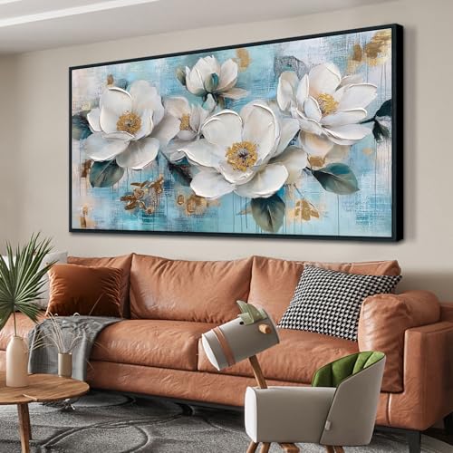 Ardemy Flower Large Wall Art for Living Room，White Gold Floral Canvas Framed Wall Art Painting Artwork Bedroom Picture Wall Decor Home Office 58"x29