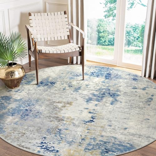 Lahome Modern Abstract Round Rug - 6Ft Large Blue Living Room Rug Washable 6x6 Circle Rugs for Bedroom Dining Room, Contemporary Indoor Office Carpet