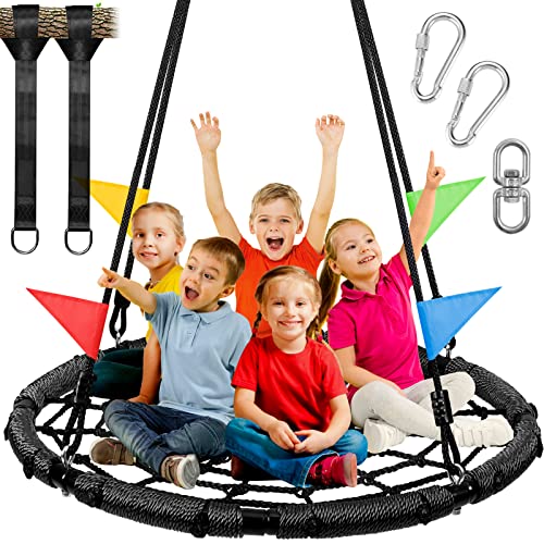 Odoland Spider Web Tree Swing for Kids and Adult, Outdoor Saucer Net Round Swing with Steel Frame and 2 Hanging Straps and Turnbuckle - 43in Large Pla