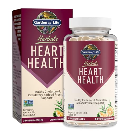Garden of Life Herbals Heart Health Supplement with Folate, Bergamot, Green Tea & Vitamin E & K for Cholesterol, Circulatory & Blood Pressure Support,