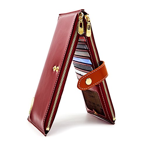 ANDOILT Women's Genuine Leather Wallet RFID Blocking Credit Card Holder Zipper Purse Cell Phone Handbag One Size Red & Brown Closure