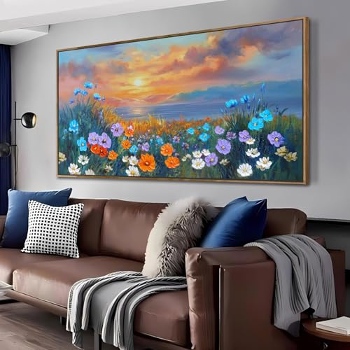 Ardemy Landscape Wall Art for Living Room Coastal Sunset Flower Canvas Bedroom Textured Floral Wildflower Blue Ocean Painting Nature Artwork Home Offi