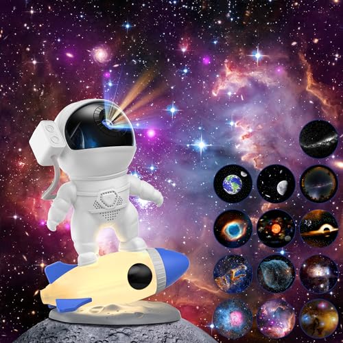 Astronaut Galaxy Projector for Bedroom with Rocket Night Light 13 Film Discs, HD Image Star Projector Galaxy Light Adjustable Knob, Planetarium Projec