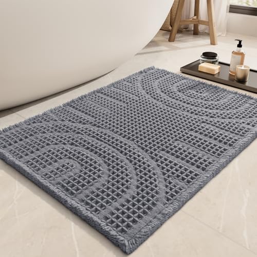 AMOAMI Waffle Bath Mat,Super Absorbent Bath Mats for Bathroom,Non Silp Machine Washable Bathroom Rugs,Soft Bath Rugs with Tassels Front of Bathtub, Si