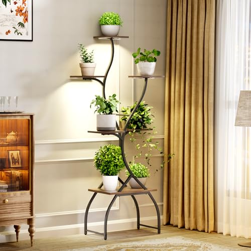 Plant Stand Indoor with Grow Lights, 6 Tiered Plant Shelf with Tree-Shaped Design, Tall Plant Stand for Multiple Plants, Metal Plant Flower Display Sh
