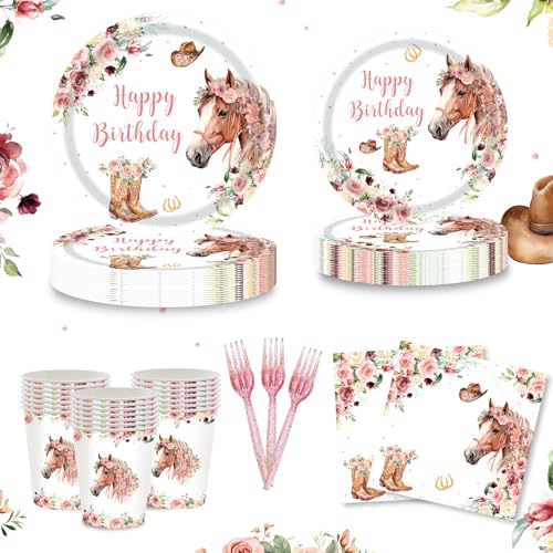 120PCS Horse Birthday Party Supplies for Girls, Western Cowgirl Disposable Paper Plates Tableware Serve 24 Guests, Horse Birthday Dinner Plates 9" Des
