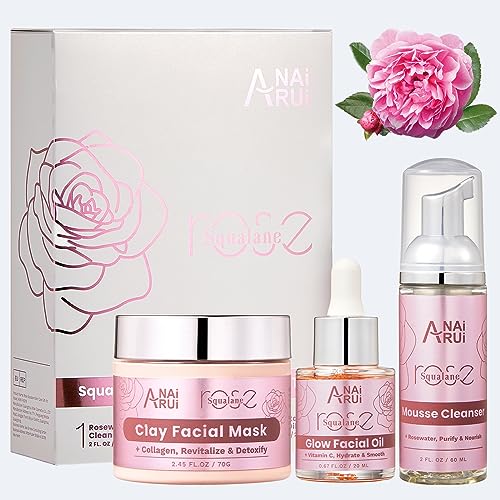 ANAiRUi Rose Skincare Gift Set, Mother's Day Gift for Women, Facial Skincare Kit for Women, Rose & Squalane Face wash and Moisturizer Set with Clay Ma