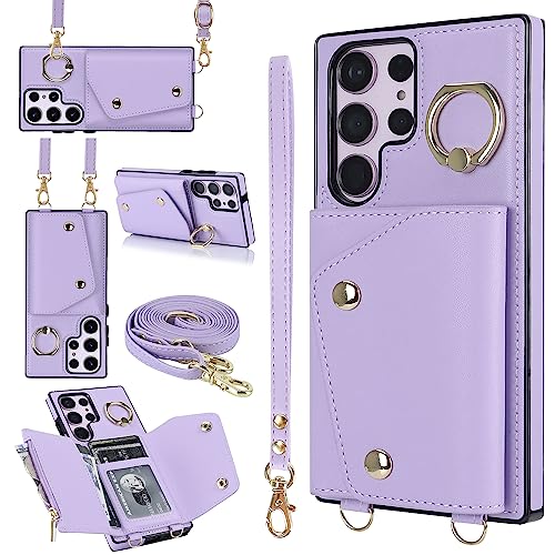 for Samsung Galaxy S25 Ultra Luxury Zipper Wallet Case with Ring, Multi Card Holder Adjustable Crossbody Strap, Fashion Wallet Bag.(Purple) Purple S25