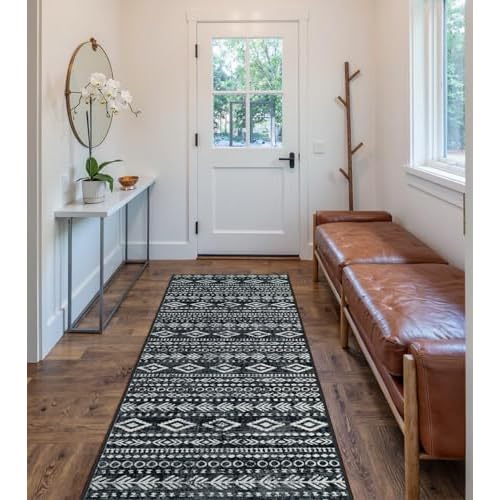 Lahome Boho Moroccan Runners for Hallways, Washable 2.5x8 Black White Hallway Runner Rug Non-Slip, Low-Pile Soft Tribal Print Indoor Bedroom Carpet Ru