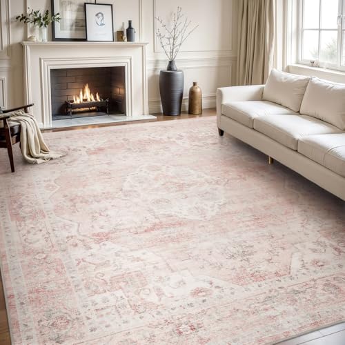 AMOAMI-Area Rug 9X12 Rugs for Living Room-Vintage Soft Pink Rugs for Bedroom-Non Slip Carpet-Washable Rug for Dining Room Living Room Bedroom Office U
