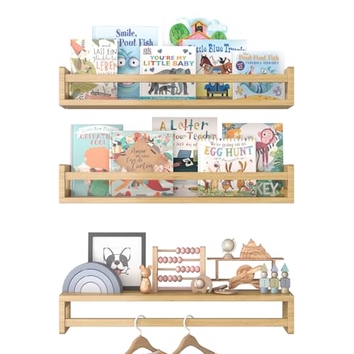 Floating Nursery Book Shelves for Wall, 23.6 Inch Nature Solid Wood Wall Mounted Bookshelf Set of 3, Hanging Bookshelves for Kids Room, Bedroom Nurser