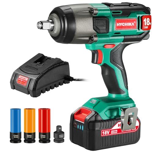 HYCHIKA 18 V Max Cordless Impact Wrench, 1-2 Impact Drivers, High Torque Wrench, Power Tool, 350 N.m, 1 X 4000mAh Battery, 3 Sockets, Electric Power W