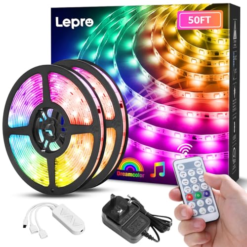 Lepro LED Strip Lights, 50ft Music Sync MagicColor Light Strip with Remote, Valentines Gifts for Men & Women, 5050 RGB Lights for Bedroom, Home, Gamin