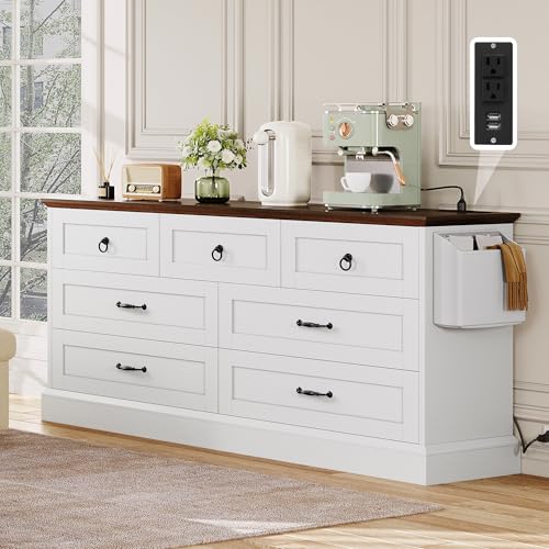 YITAHOME Farmhouse 7 Drawers Dresser, 59" Wide Wood Rustic Chest of Drawers with Nice Texture, Vintage Design, Storage Dressers Organizer for Living R