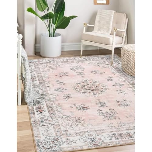 Lahome Washable 6x9 Area Rugs for Living Room, Vintage Floral Pink Large Rug for Nursery Girls Bedroom, Non Slip Lightweight Foldable Carpet for Apart